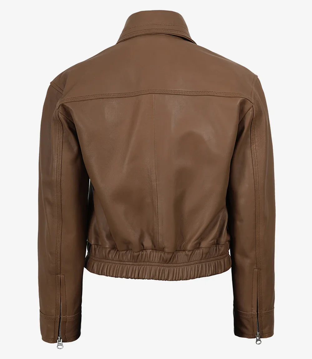 Women's Premium Leather Light Brown Bomber Jacket
