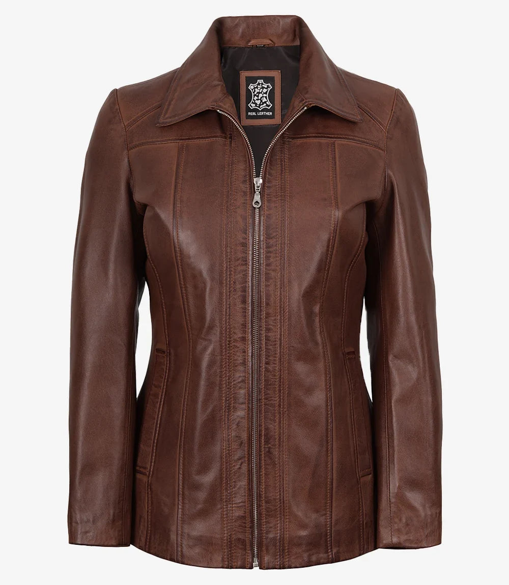 Marsha Women's Real Leather Cognac Brown Car Coat