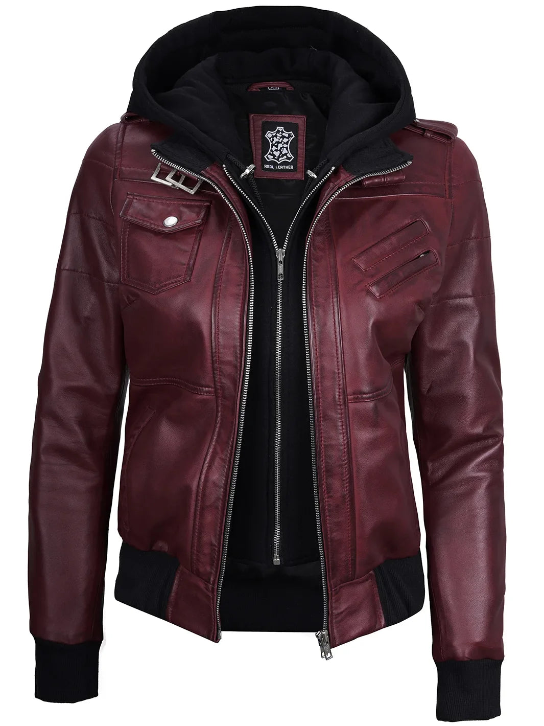 Women's Burgundy Leather Jacket with Removable Hood
