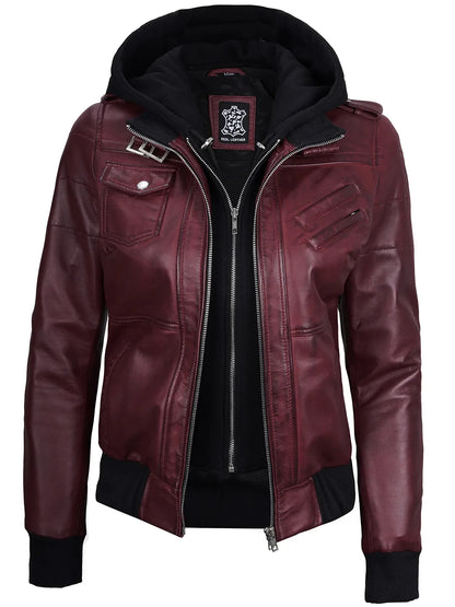 Women's Burgundy Leather Jacket with Removable Hood