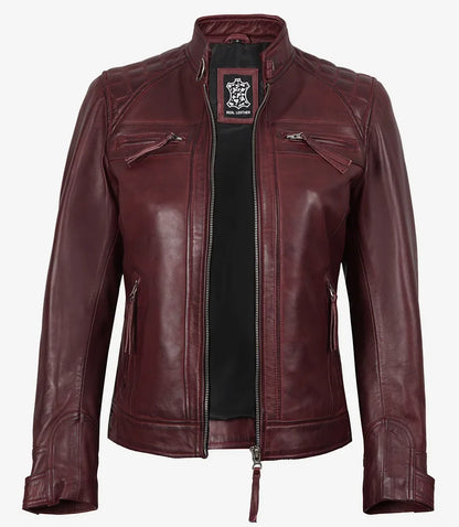 Johnson Women's Burgundy Quilted Cafe Racer Leather Jacket