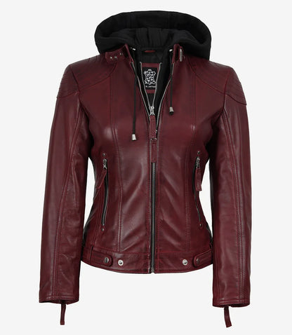 Women’s Maroon Waxed Real Leather Jacket with Removable Hood