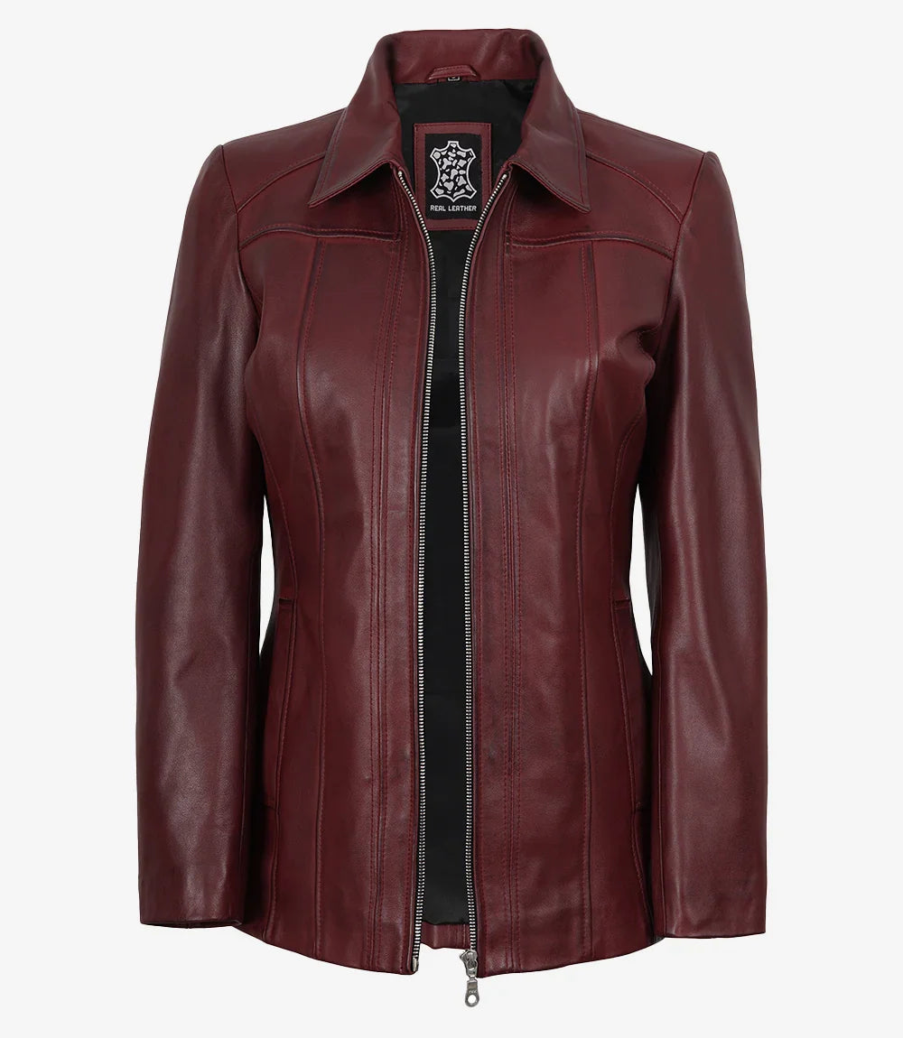 Marsha Womens Maroon Leather Car Coat
