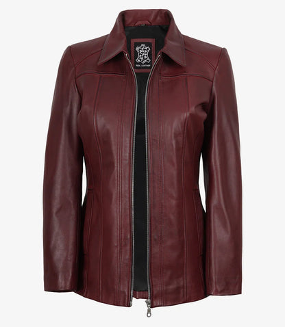Marsha Womens Maroon Leather Car Coat