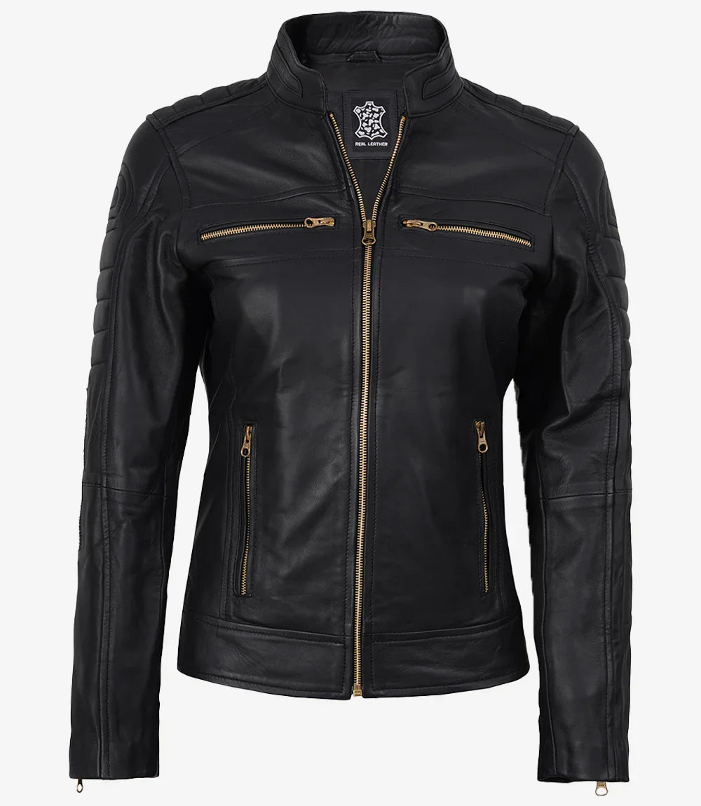 Women's Matte Black Leather Cafe Racer Jacket with Gold Zippers