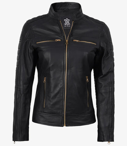Women's Matte Black Leather Cafe Racer Jacket with Gold Zippers