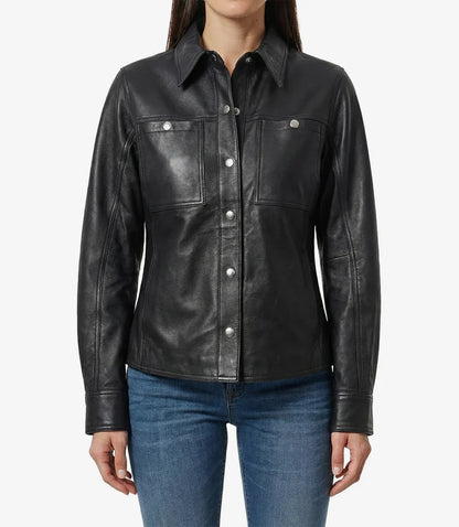 Women’s Minimalist Black Lambskin Leather Shacket – Snap-Button Closure