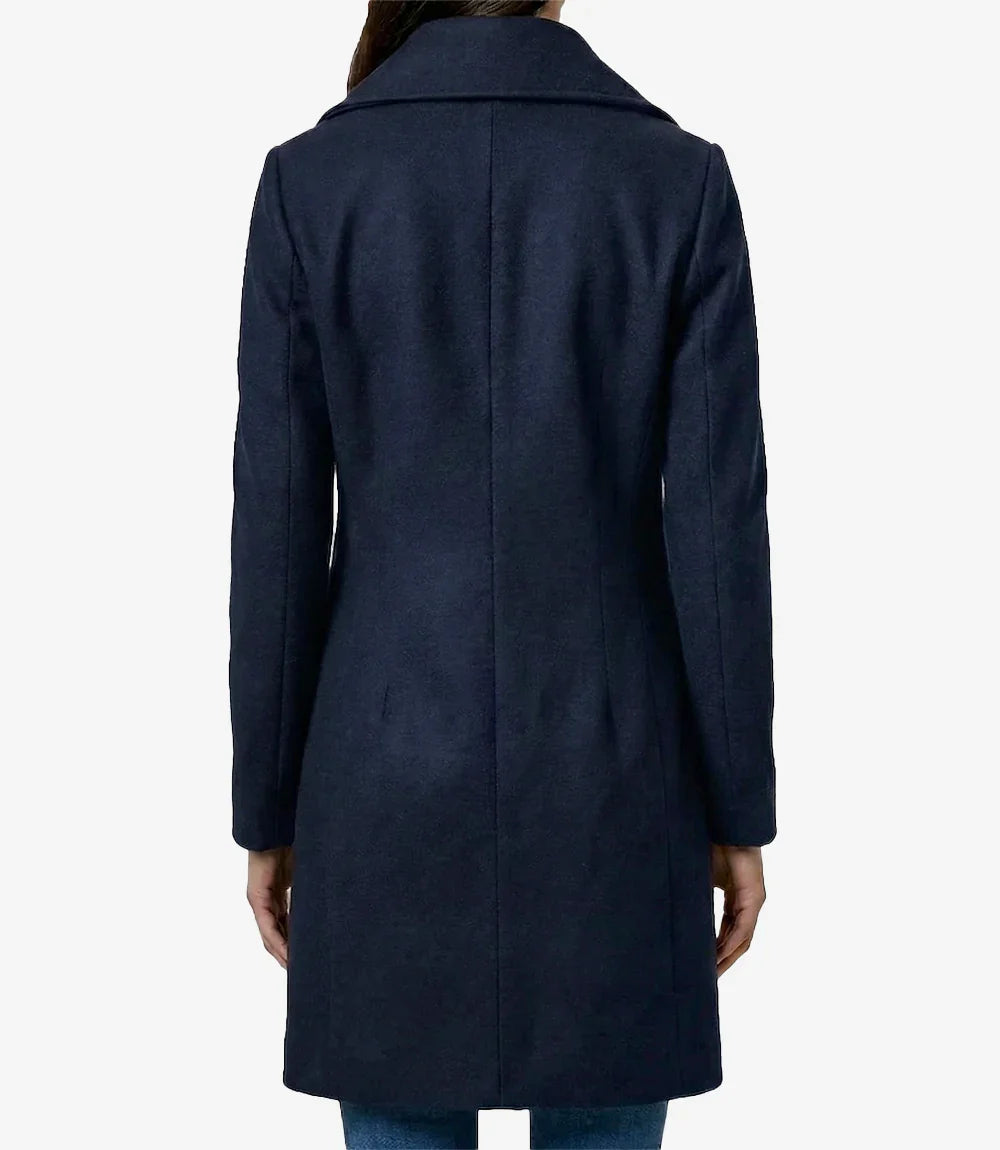 Womens 3/4 Length Navy Blue Double Breasted Wool Coat