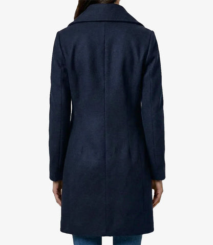 Womens 3/4 Length Navy Blue Double Breasted Wool Coat