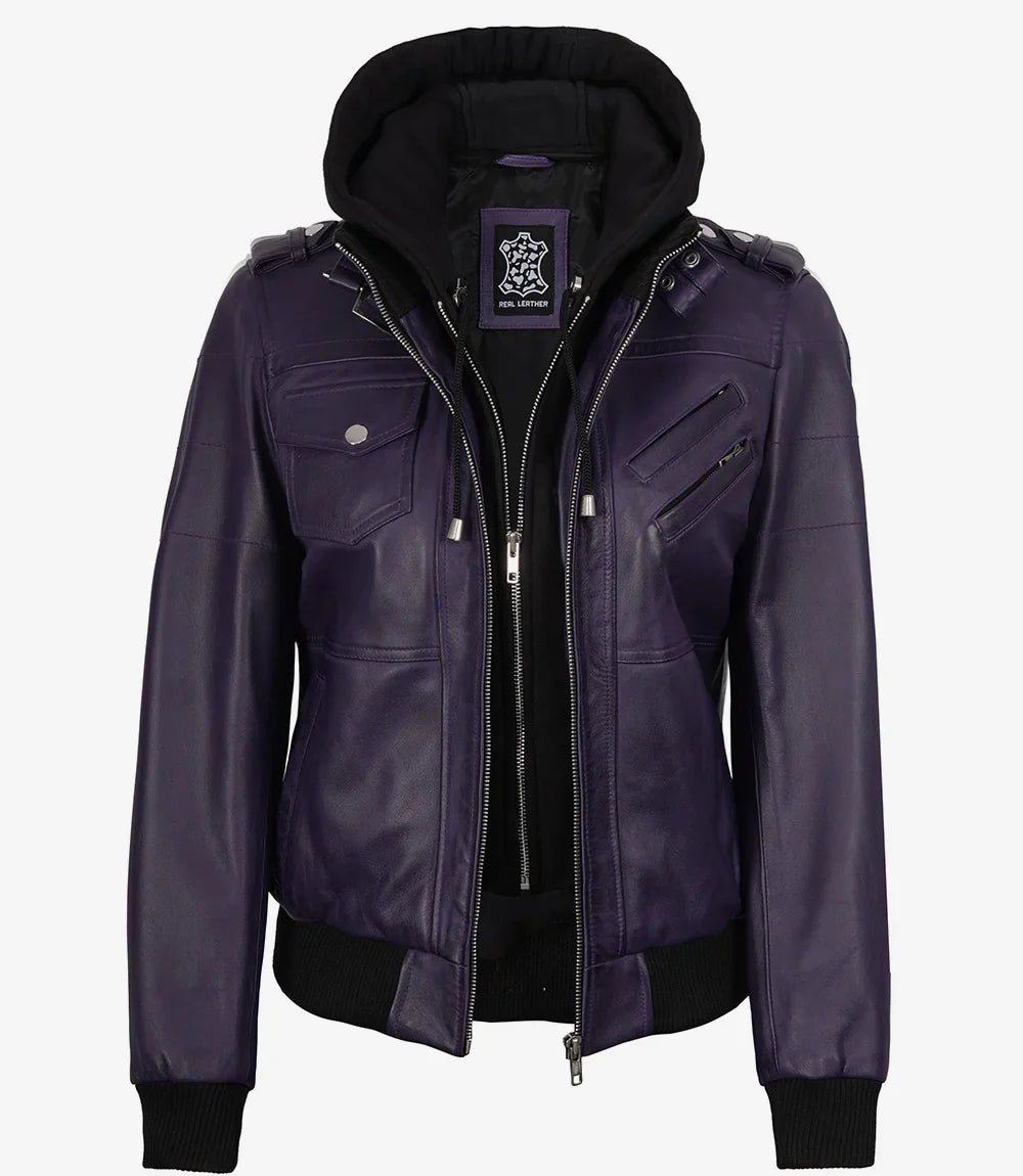 Women's Purple Bomber Leather Jacket with Removable Hood