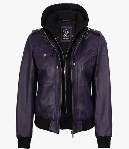 Women's Purple Bomber Leather Jacket with Removable Hood