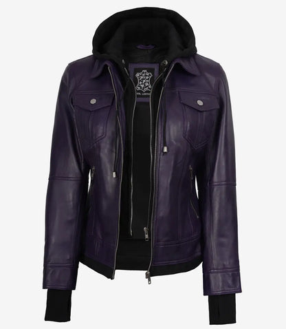 Women's Purple Bomber Leather Jacket - Removable Hood