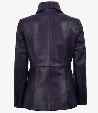Women's Single Button Purple Real Leather Blazer