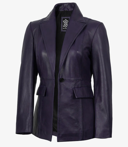 Women's Single Button Purple Real Leather Blazer