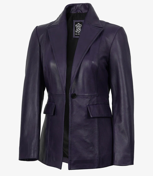Women's Single Button Purple Real Leather Blazer