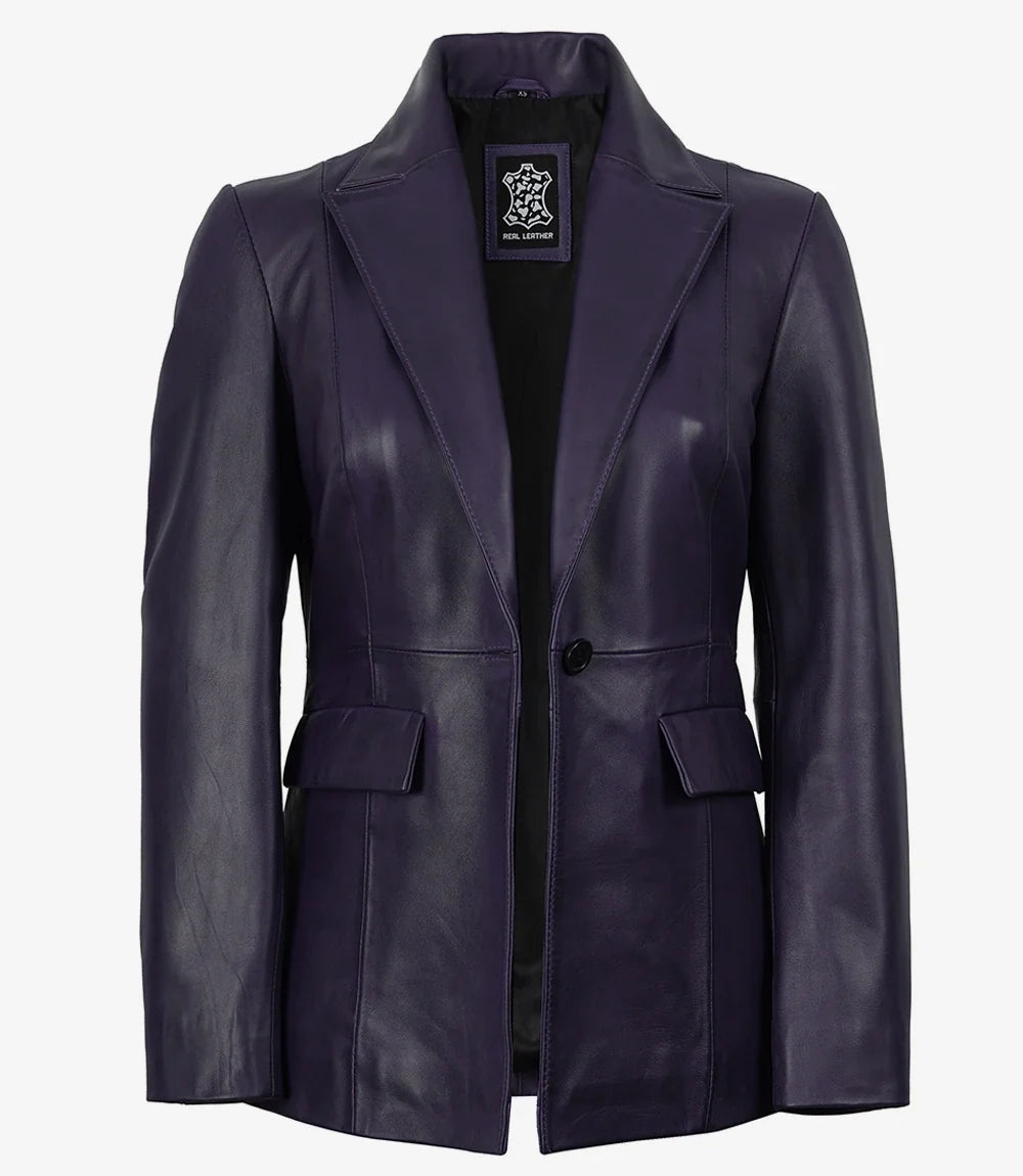 Women's Single Button Purple Real Leather Blazer