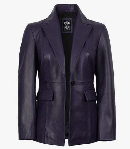 Women's Single Button Purple Real Leather Blazer