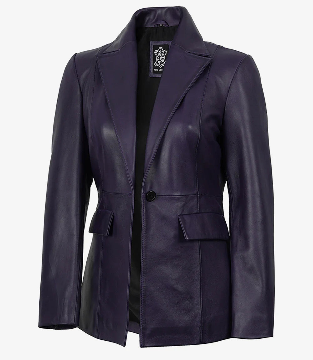 Womens Single Button Purple Waxed Leather Blazer