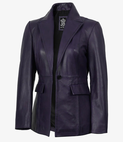 Womens Single Button Purple Waxed Leather Blazer