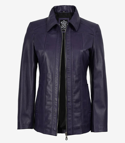 Marsha Women’s Real Leather Coat – Purple Shirt-Collar Style