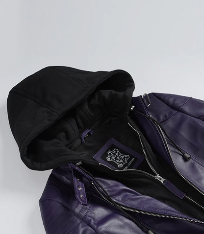 Women’s Purple Waxed Real Leather Jacket with Removable Hood
