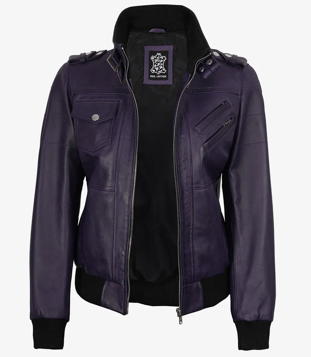 Women's Purple Bomber Leather Jacket with Removable Hood