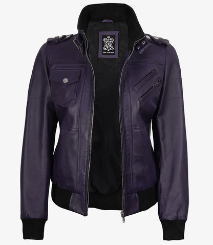 Women's Purple Bomber Leather Jacket with Removable Hood