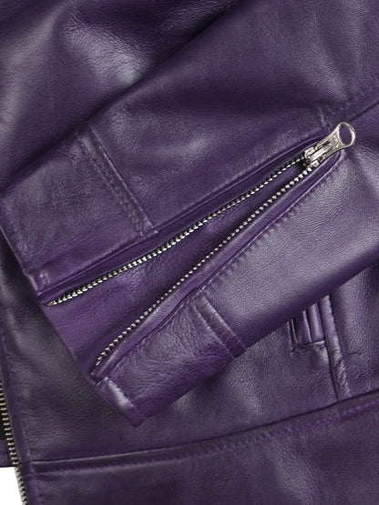 Dodge Womens Biker Style Purple Leather Jacket