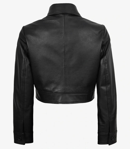 Womens Real Leather Black Cropped Trucker Jacket