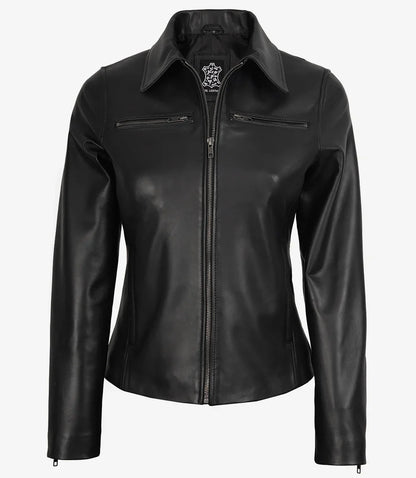 Womens Real Leather Black Harrington Jacket