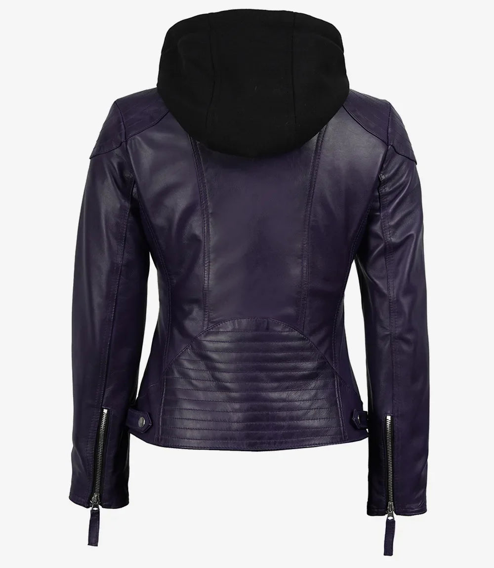 Women’s Purple Waxed Real Leather Jacket with Removable Hood