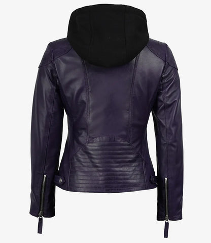 Women’s Purple Waxed Real Leather Jacket with Removable Hood