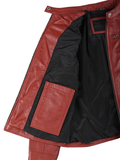 Dodge - Women's Red Leather Cafe Racer Jacket