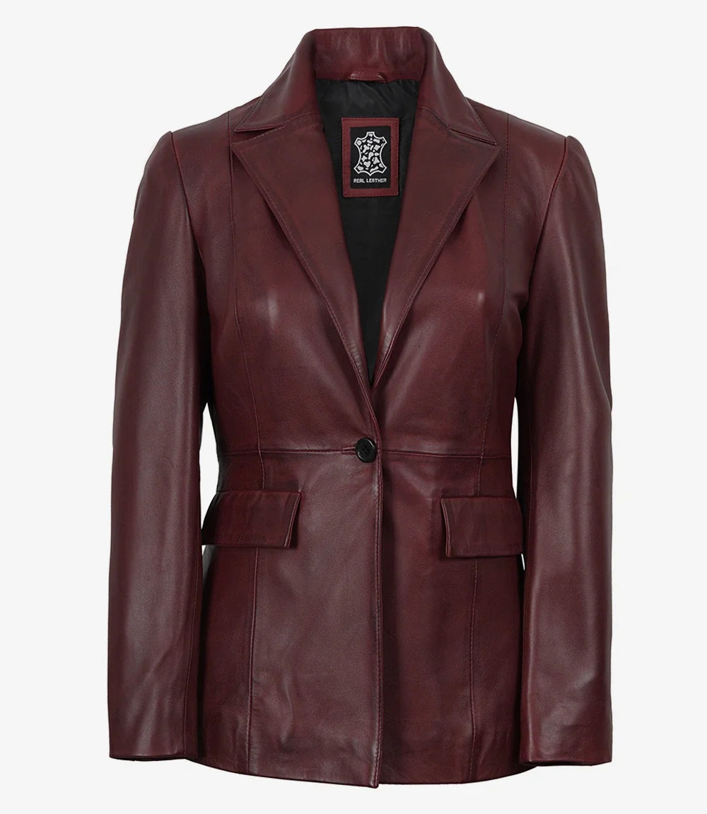 Women's Single-Button Lambskin Leather Blazer – Burgundy Wax