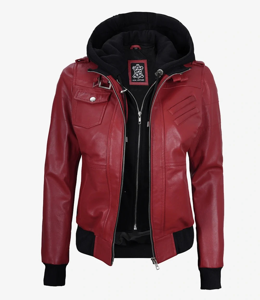 Women's Red Lambskin Jacket with Removable Hood