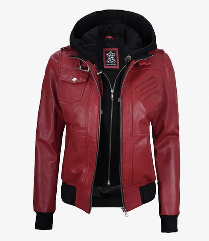 Women's Red Lambskin Jacket with Removable Hood