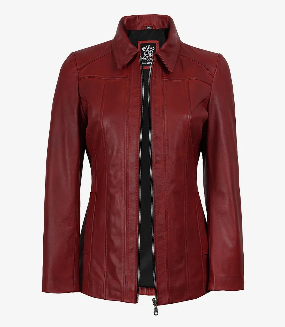 Women's Red Lambskin Leather Car Coat with Shirt Collar