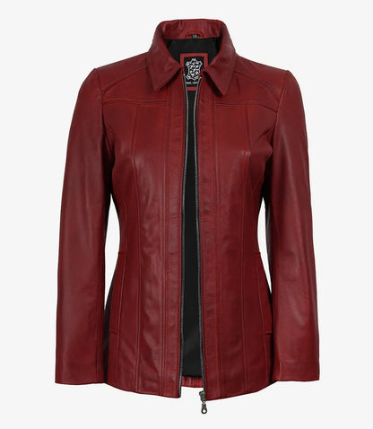 Women's Red Lambskin Leather Car Coat with Shirt Collar
