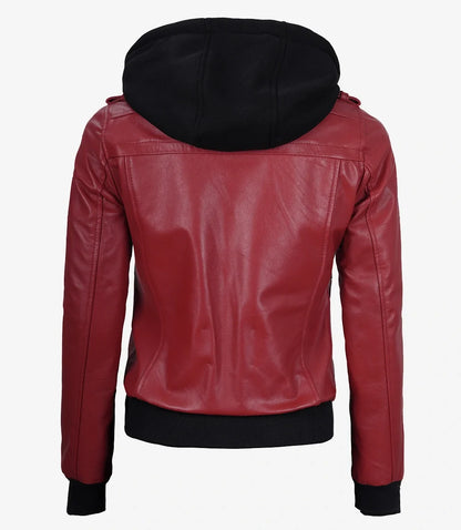 Women's Red Lambskin Jacket with Removable Hood