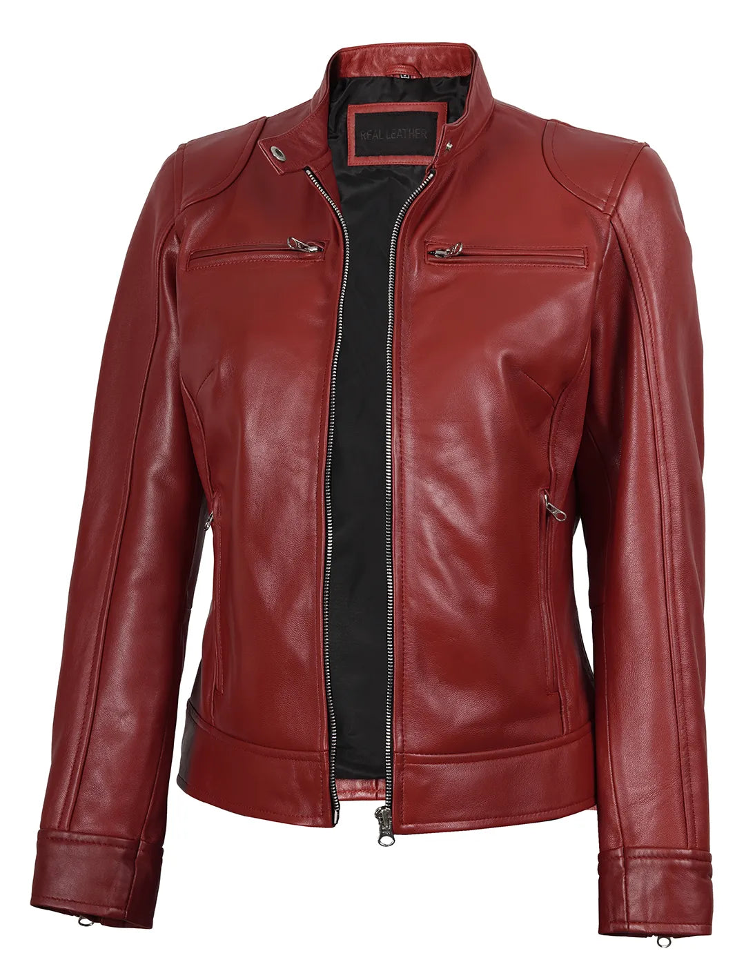 Dodge - Women's Red Leather Cafe Racer Jacket