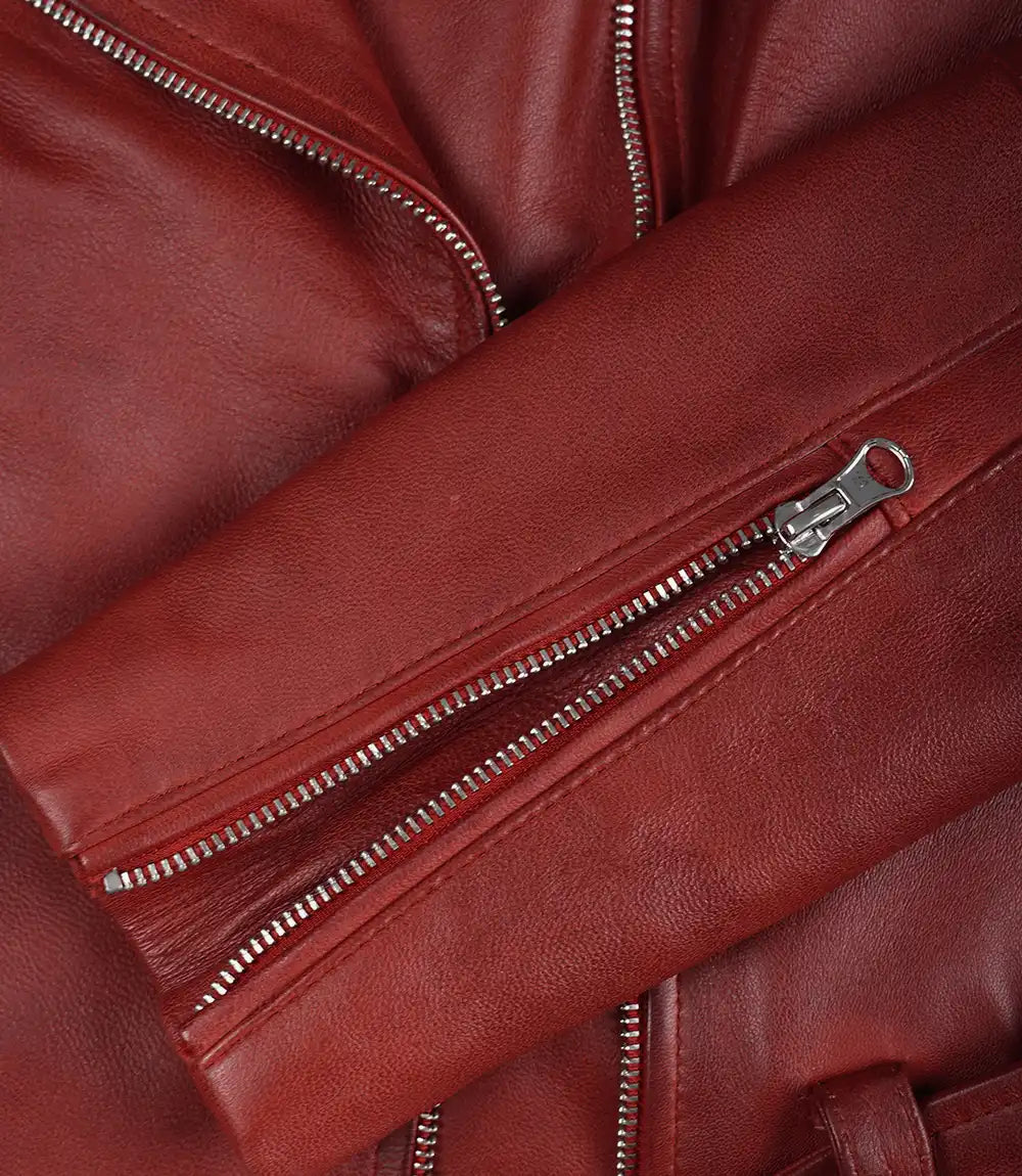 Women's Red Asymmetrical Biker Style Leather Jacket