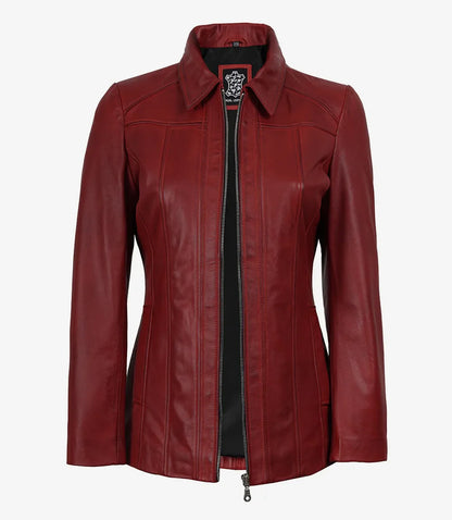 Marsha Women’s Red Leather Walking Coat – Shirt Collar