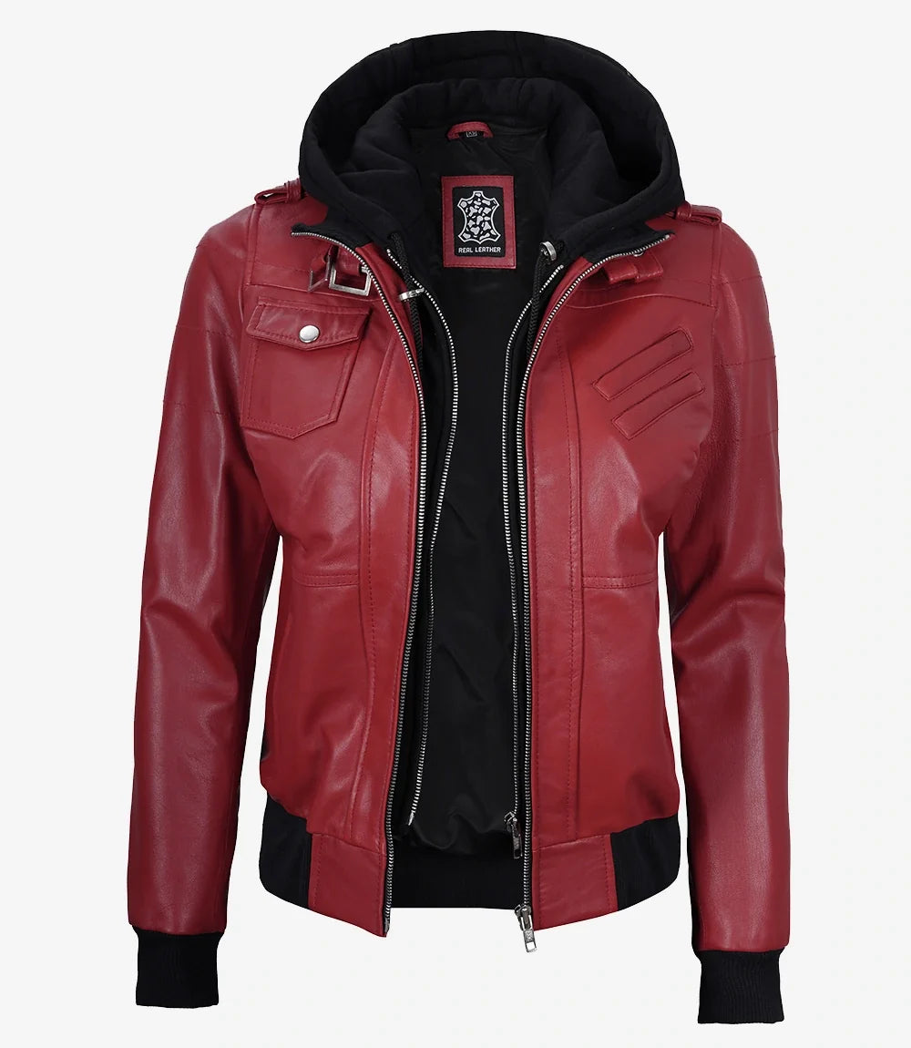 Women's Red Lambskin Jacket with Removable Hood