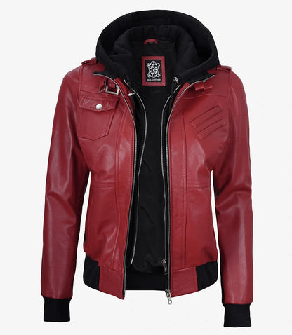 Women's Red Lambskin Jacket with Removable Hood