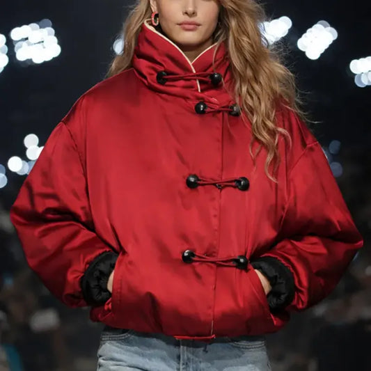 Vintage Red Satin Toggle-Closure Bomber Jacket