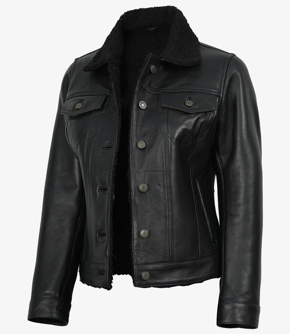 Women's Black Leather Trucker Jacket with Sherpa Lining
