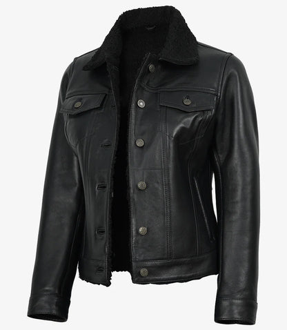 Women's Black Leather Trucker Jacket with Sherpa Lining