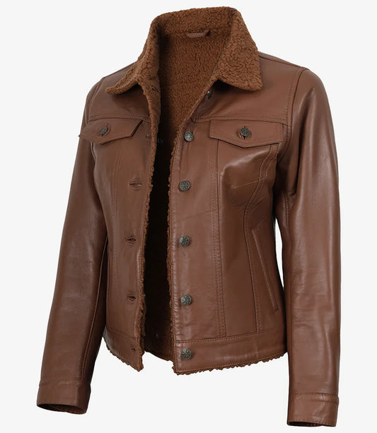 Women's Cognac Leather Trucker Jacket with Sherpa Lining