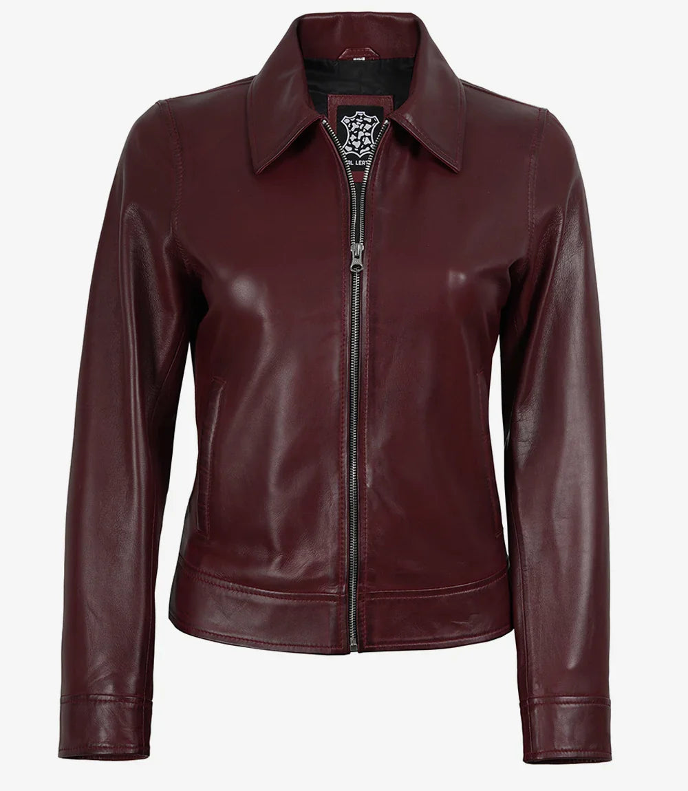Womens Maroon Waxed Shirt Collar Harrington Leather Jacket