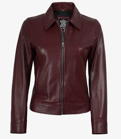 Womens Maroon Waxed Shirt Collar Harrington Leather Jacket